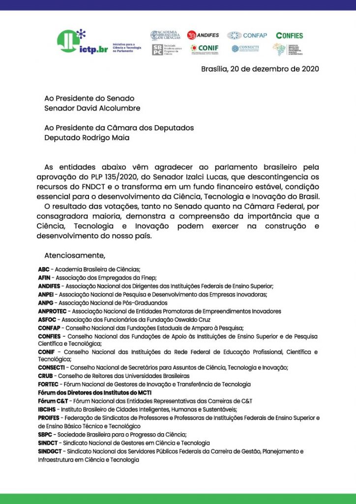 Carta de agradecimento ao Parlamento PLP135 – ICTP.Br